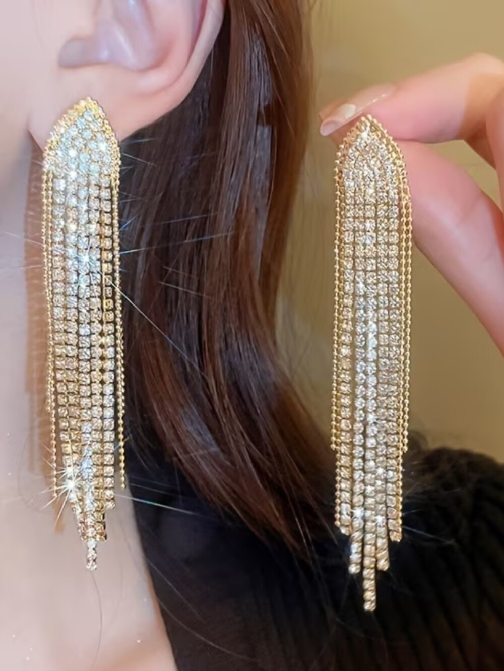 Draped Gold Crystal Fringe Earrings for Women